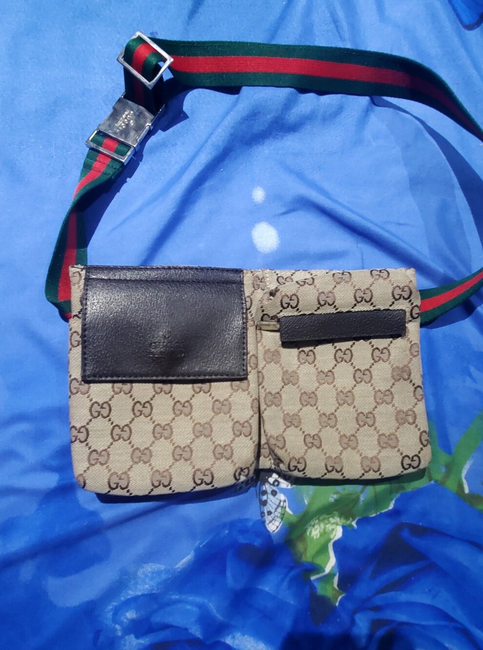 Gucci Tan GG Canvas Crossbody Belt Bag with Green-Red Strap